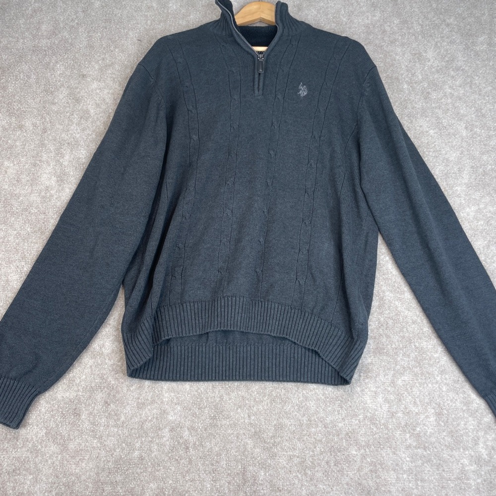 US Polo Assn Mens Quarter Zip Sweater Dark Gray Cable Knit Sherpa Lined‎ XL